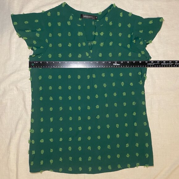 Merokeety Green Pom Pom Womens M Short Flutter Sleeve Blouse Tunic V-Neck EUC - Picture 7 of 8